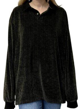Green Velvet Black Collared Long Sleeve Polo Shirt Neckline Retro Imprints XL